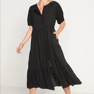 Old Navy Black Puff Sleeve, Clip Dot, Button Front Midi Dress size Medium